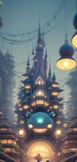 Futuristic cityscape with whimsical design and glowing lanterns.