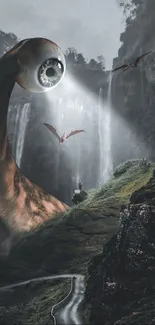 Giant eyeball in fantasy landscape with flying creatures.