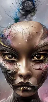 Futuristic fantasy face with surreal and intricate details. Perfect phone wallpaper.