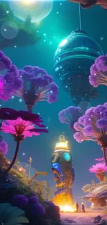 Futuristic landscape with neon flora and advanced spacecraft, vibrant and dreamy.