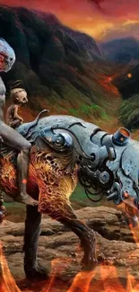 A humanoid rides a mechanical beast in a futuristic fantasy landscape.