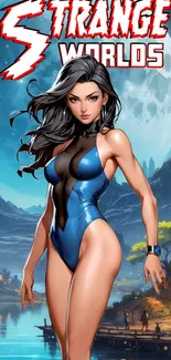 Futuristic female hero in a sci-fi world with a moon backdrop.