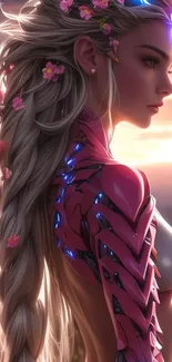Futuristic fantasy character with vibrant colors.