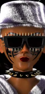 Futuristic portrait with spiked sunglasses and hat in digital art style.