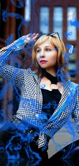 Woman in stylish attire with blue digital overlay.