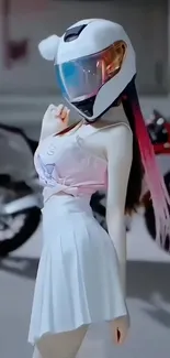 Futuristic figure in helmet with motorcycle backdrop.