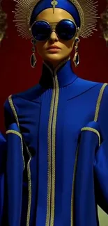 Futuristic fashion queen in blue and gold attire