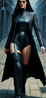 Stylish woman in dark leather outfit walking down an urban alley.