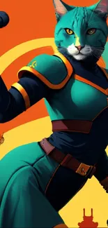 Futuristic feline warrior in teal armor on orange background.