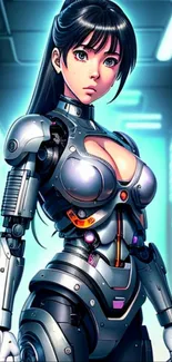 Futuristic female android with cyberpunk style in a detailed robotic suit.