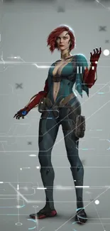 Futuristic woman with red hair in cyber attire on a sleek sci-fi themed wallpaper.