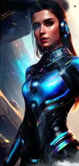 Futuristic female cyborg in blue armor with a cosmic background.