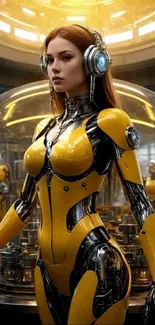 Futuristic yellow female cyborg with robotic design in a sci-fi setting.