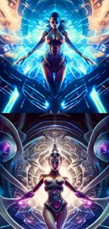 Futuristic female digital art wallpaper with vibrant colors and cosmic themes.