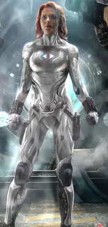 Futuristic female hero in silver armor on a tech-themed mobile wallpaper.