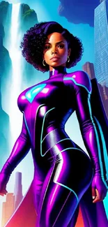 Futuristic female superhero standing in a vibrant cityscape.