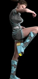 3D-rendered futuristic female fighter in action pose.