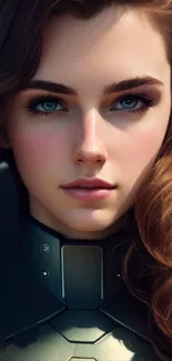 Futuristic female portrait in detailed armor on a smartphone wallpaper.