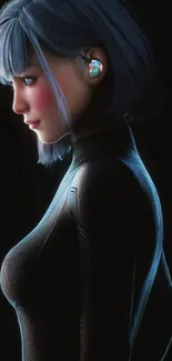 Futuristic digital art of a blue-haired female in profile view against a black background.