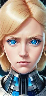 Futuristic female android with blue eyes in a sci-fi setting.