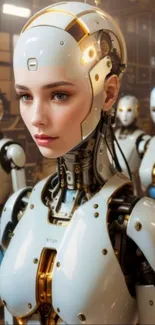 Futuristic female robot design in a tech-themed wallpaper.