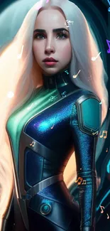 Futuristic female character in sci-fi suit with musical notes.