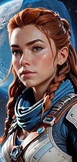 Artistic wallpaper of a female space explorer with planets in the background.