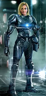 Futuristic female warrior in armored suit standing confidently in a high-tech environment.