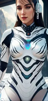 Futuristic female warrior in a high-tech spacesuit on a spaceship.