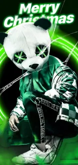 Futuristic panda with neon green Christmas theme.