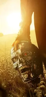 Futuristic robot in wheat field at sunset.