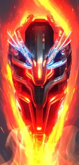 Futuristic fiery helmet with vibrant colors on mobile wallpaper.