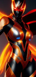 Futuristic superhero with bold red-orange armor and glowing effects.