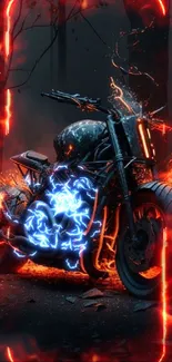 Futuristic motorcycle surrounded by flames in a dark forest setting.