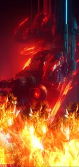 Futuristic robot engulfed in vibrant flames.