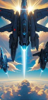 Futuristic fighter jets ascending in a bright sky with clouds and sunlight.