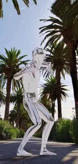 Futuristic silver figure stands on palm-lined street under blue sky.