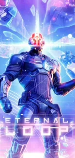 Futuristic robot warrior in neon lights wallpaper.