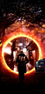 Person enters a vibrant fiery portal with car and emoji in a mystical setting.