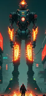 Futuristic city with a fiery robot towering over a neon-lit street.