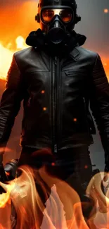 Futuristic firefighter in leather suit amidst flames.