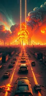 Futuristic city in flames with cars driving through an apocalyptic landscape.