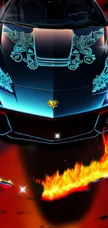 Futuristic sports car with flames and tribal design on mobile wallpaper.