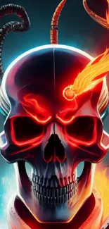 Futuristic design of a flaming skull with vibrant colors and cyberpunk elements.