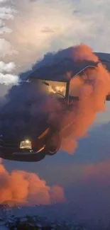 Surreal art of a floating car in pink clouds.