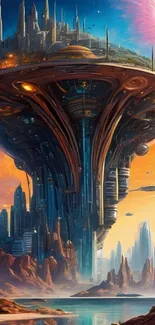 Futuristic floating city artwork in a vibrant sci-fi setting.