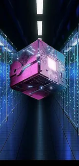 Futuristic cube floats in a digital corridor, glowing with vibrant colors.