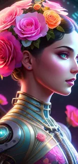 Futuristic android with vibrant roses in a digital art style.