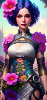 Futuristic female character with floral accents in vibrant colors.