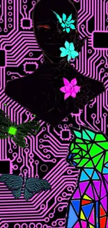 Vibrant floral and circuit board design mobile wallpaper.